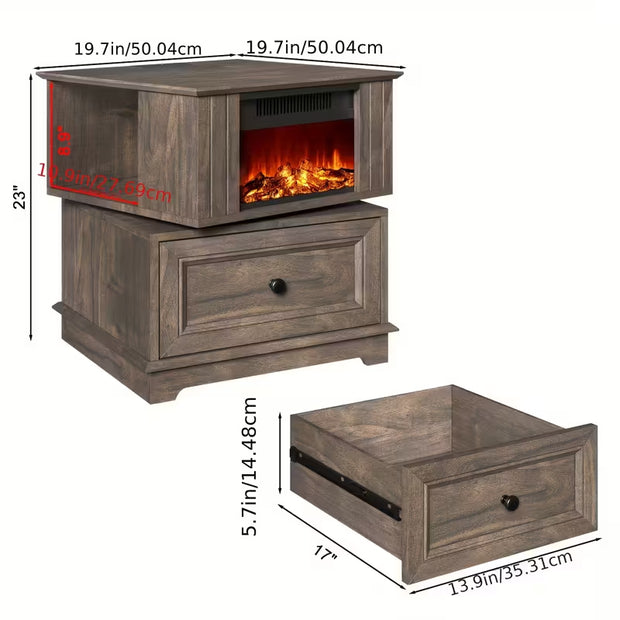 Rotating Fireplace Side Table with Heater & Charging Station
