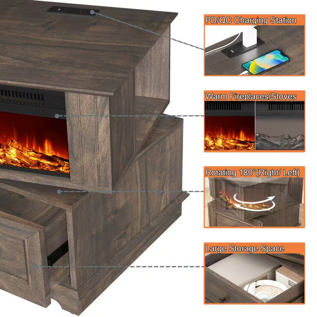 Rotating Fireplace Side Table with Heater & Charging Station