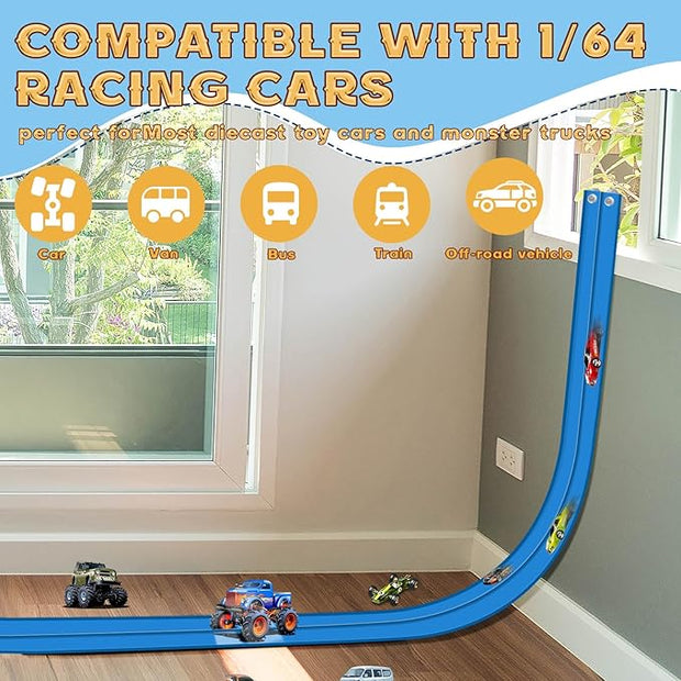 Flex Track 15 Ft Starter Set, Flexible Race Car Ramp Track for Ages 3 & Up with Suction Cups Compatible with Diecast 1/64th Cars