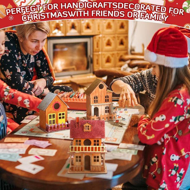 DIY Wooden Christmas Village Set – 5 Unfinished Mini Houses, Paint, Brushes, and Glitter