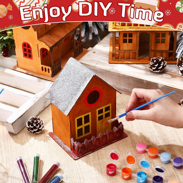 DIY Wooden Christmas Village Set – 5 Unfinished Mini Houses, Paint, Brushes, and Glitter