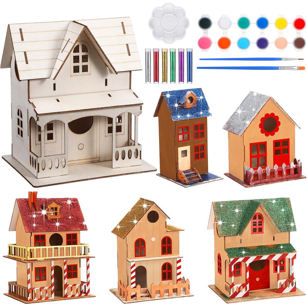 DIY Wooden Christmas Village Set – 5 Unfinished Mini Houses, Paint, Brushes, and Glitter