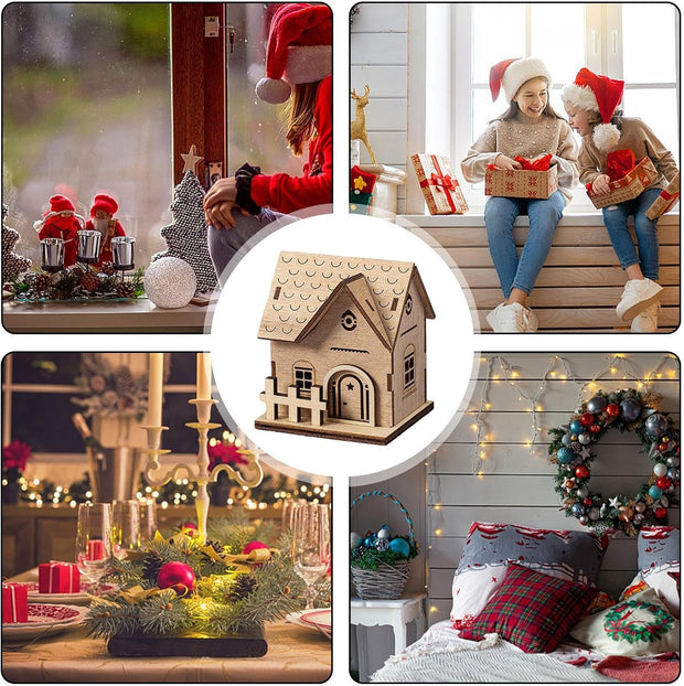 DIY Wooden Christmas Village Set – 5 Unfinished Mini Houses, Paint, Brushes, and Glitter