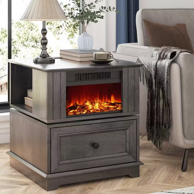 Rotating Fireplace Side Table with Heater & Charging Station